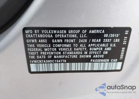 2013 Volkswagen Passat 2.0L Tdi Sel Premium from USA, damaged, VIN 1VWCN7A39DC134779
